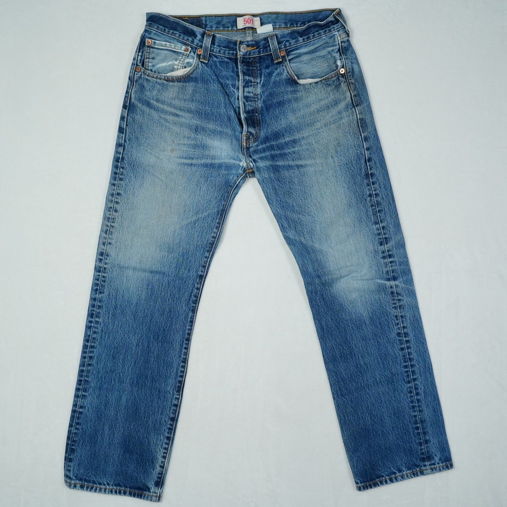 Levis 501 Original Faded Blue Denim Distressed Jeans Mens 34x30 (Fits 33x29) Y2K